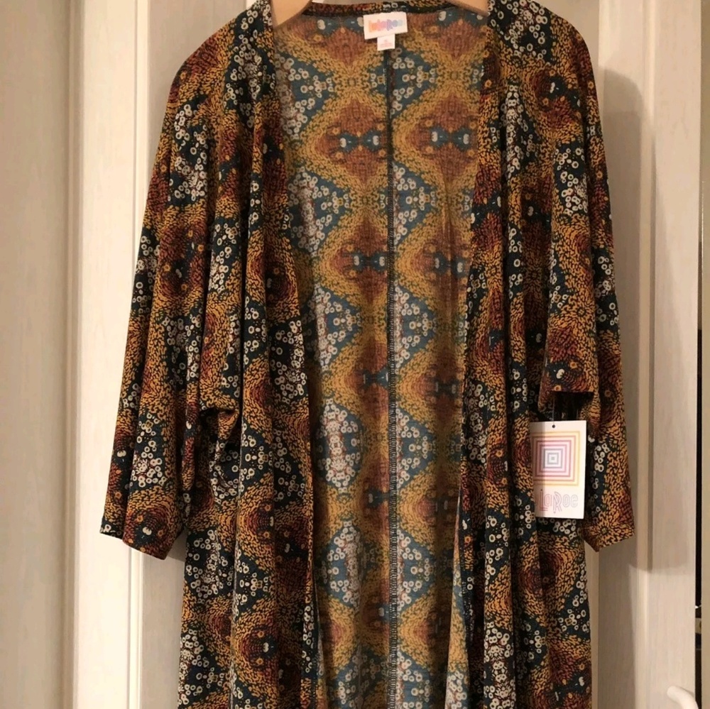 New lularoe mustard print Lindsay kimono S